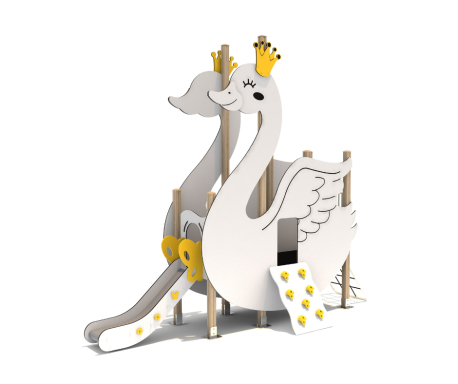 Playful white swan-shaped toy structure with crowns and a slide.