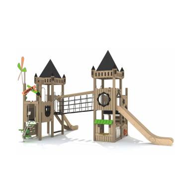 Playground structure with towers, slide, climbing elements, and interactive features.