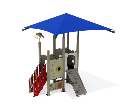 Playground structure with a blue roof, slides, and a red climbing frame.