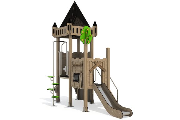 A wooden play structure with a slide, climbing features, and a castle-like design.