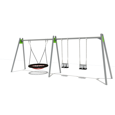 A playground swing set featuring a circular swing and two traditional swings.