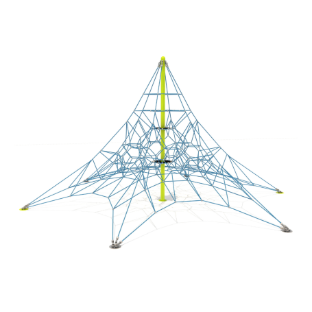 A blue climbing frame with a triangular shape, featuring a network of rope connections.