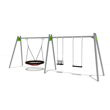 A playground swing set featuring a round swing and standard swings.