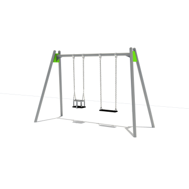 A metal swing set with two swings and green accents.