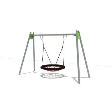 Circular cradle swing suspended from a metal frame with green accents.