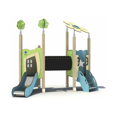 Playground structure with slides, a tunnel, and decorative elements like trees and clouds.