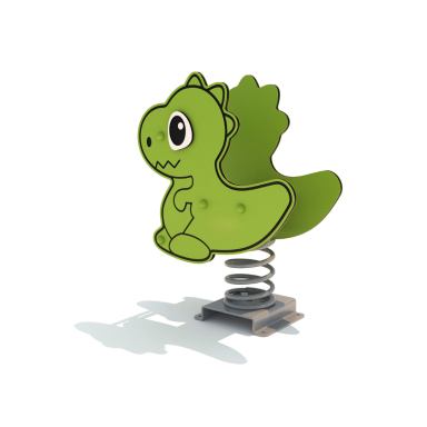 Green dinosaur-shaped spring rocker with a friendly face and cartoonish design.