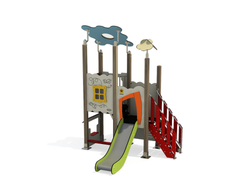 Playground structure with slide, climbing features, and decorative elements.