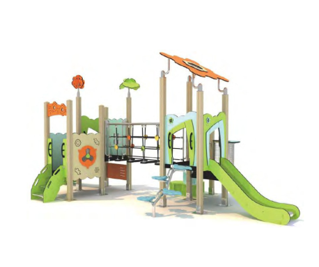 Colourful children's playground with slides, climbing structures, and interactive panels.