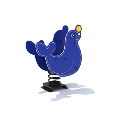 A blue spring rocker shaped like a whimsical seal with a yellow ball on its head.