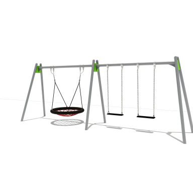 A playground swing set featuring a traditional swing and a circular tyre swing.