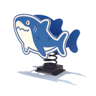 Blue shark-shaped spring toy on a black base.