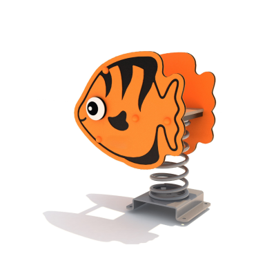 Orange fish spring rider with a smiling face and tiger stripes.