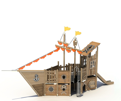 Wooden pirate ship play structure with orange flags and various interactive features.