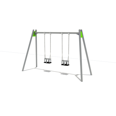 Two swings suspended from a metal frame in a playground setting.